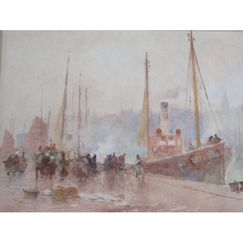 78 - HECTOR CAFFIERI (1847-1932) Unloading the catch at Boulogne harbour, signed lower right, watercolour... 