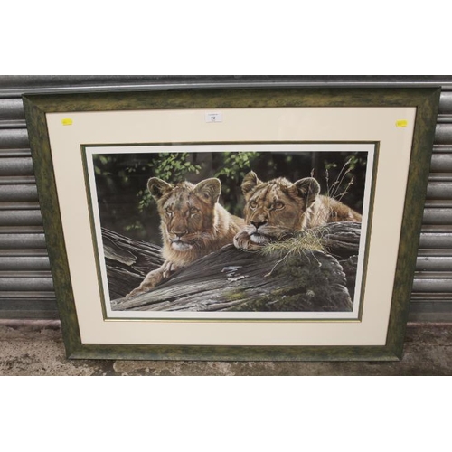 22 - A SIGNED LIMITED EDITION PRINT BY STEVE BURGESS DEPICTING TWO LIONS