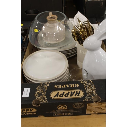 44 - THREE TRAYS OF SHOW HOME KITCHEN ACCESSORIES TO INCLUDE STORAGE JARS, DINNERWARE, CUTLERY ETC