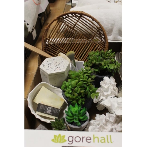 51 - THREE TRAYS OF EX SHOWHOME DISPLAY TOWELS AND BATHROOM ACCESSORIES TO INCLUDE FAUX PLANTS, CORAL ETC