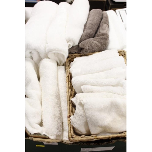 51 - THREE TRAYS OF EX SHOWHOME DISPLAY TOWELS AND BATHROOM ACCESSORIES TO INCLUDE FAUX PLANTS, CORAL ETC