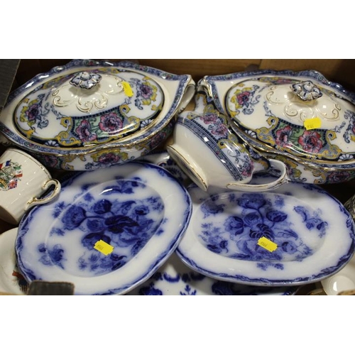 53 - TWO TRAYS OF ANTIQUE CHINA TO INCLUDE FLOW BLUE, WEDGWOOD, SPODE TUREENS ETC