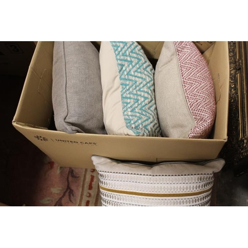 59 - THREE BOXES OF EX SHOW HOME CUSHIONS, VARIOUS SIZES AND DESIGNS