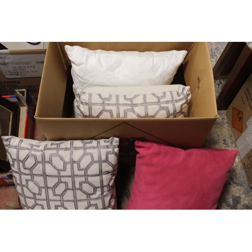 60 - THREE BOXES OF EX SHOW HOME CUSHIONS, VARIOUS SIZES AND DESIGNS