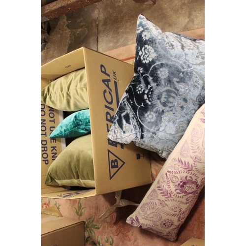 61 - THREE BOXES OF EX SHOW HOME CUSHIONS, VARIOUS SIZES AND DESIGNS