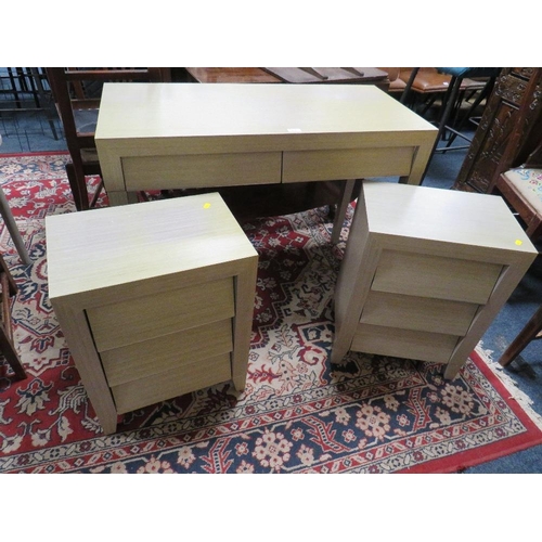 619 - A MODERN TWO DRAWER CONSOLE TABLE WITH MATCHING BEDSIDES (3)