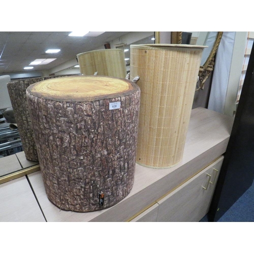 628 - A MODERN UPHOLSTERED LOG EFFECT STOOL AND A LAUNDRY BIN (2)