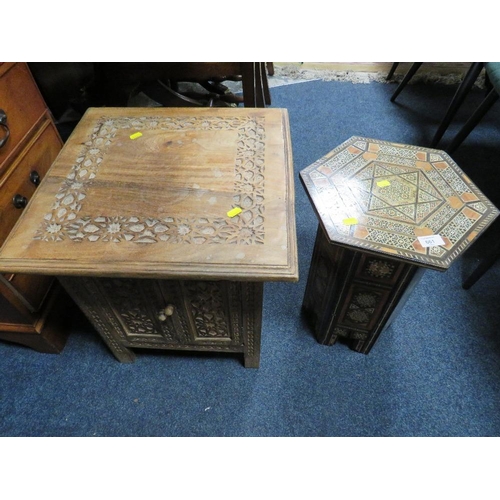 661 - A SMALL EASTERN HEXAGONAL TABLE AND A CARVED HARDWOOD CABINET (2)