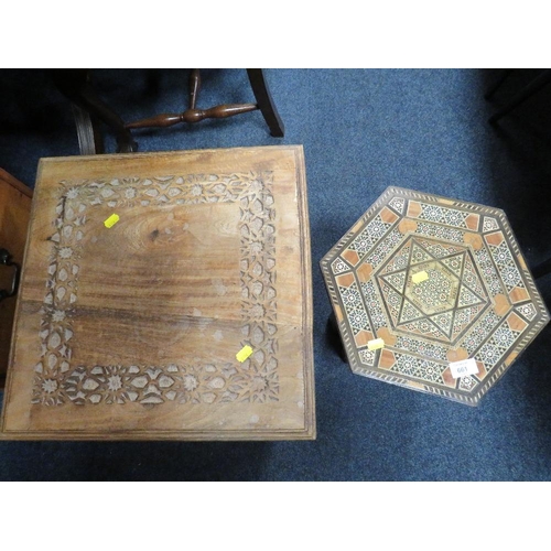 661 - A SMALL EASTERN HEXAGONAL TABLE AND A CARVED HARDWOOD CABINET (2)