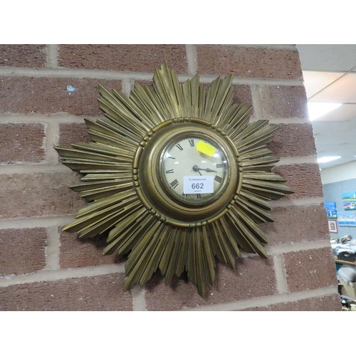 662 - AN ART DECO GILT SUNBURST WALL CLOCK WITH ENGLISH MOVEMENT DIA 37 CM