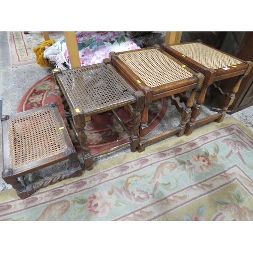 677 - FOUR ASSORTED VINTAGE BERGERE OAK STOOLS (4)