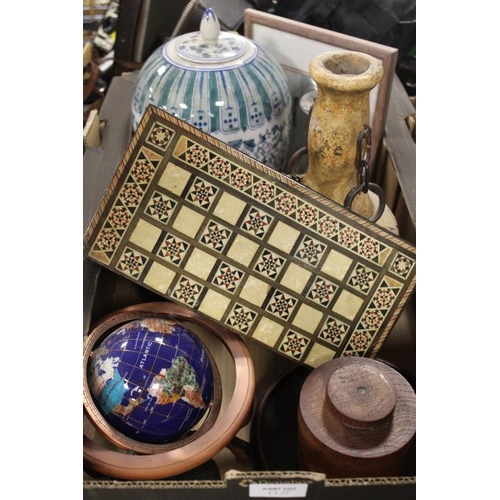 115 - TWO TRAYS OF ASSORTED TREEN, POTTERY AND COLLECTABLES TO INCLUDE A TRAVEL BACKGAMMON BOARD , BOOK SL... 