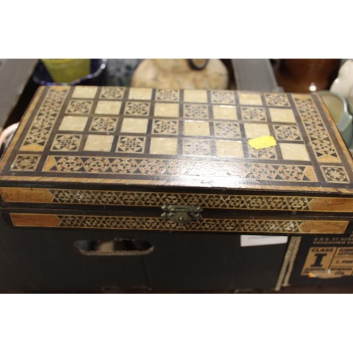 115 - TWO TRAYS OF ASSORTED TREEN, POTTERY AND COLLECTABLES TO INCLUDE A TRAVEL BACKGAMMON BOARD , BOOK SL... 