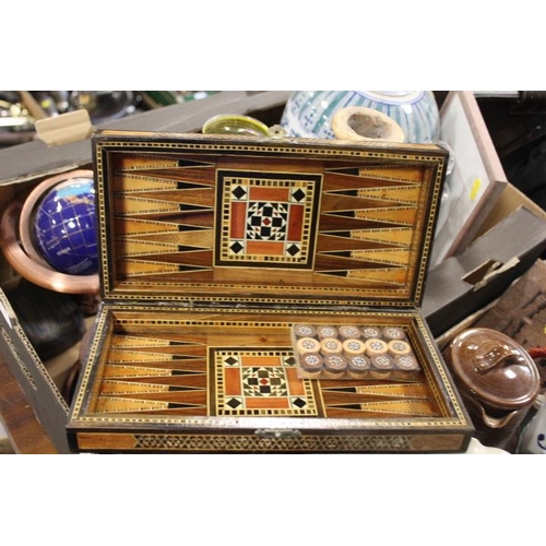 115 - TWO TRAYS OF ASSORTED TREEN, POTTERY AND COLLECTABLES TO INCLUDE A TRAVEL BACKGAMMON BOARD , BOOK SL... 