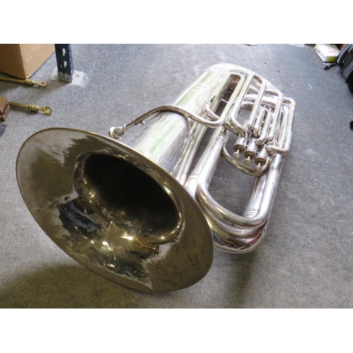 122 - A VINTAGE SILVER PLATED TUBA - 'THE PROFUNDO 6086'  - HAWKES AND SON MAKERS, DENMAN STREET, LONDON