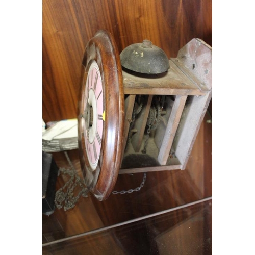 128 - A VINTAGE MAHOGANY CASED POSTMANS WALL CLOCK - INCLUDING TWIN WEIGHTS AND PENDULUM, A VINTAGE ARCHIT... 