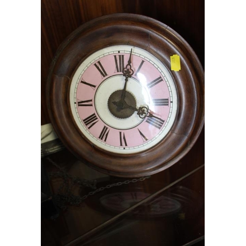 128 - A VINTAGE MAHOGANY CASED POSTMANS WALL CLOCK - INCLUDING TWIN WEIGHTS AND PENDULUM, A VINTAGE ARCHIT... 