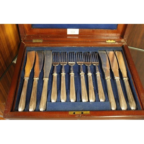 133 - A CASED SET OF SILVER HANDLES VINTAGE FISH KNIVES AND FORKS