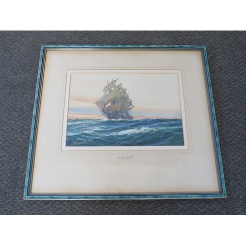 21 - A.D. BELL. British school, seascape with sailing vessel in a swell 'On Into the Night', signed and d... 