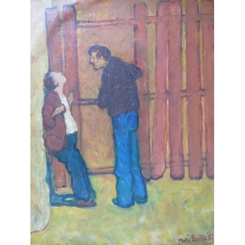 23 - MARTIN BAILLIE (1920-2012). Street scene with two figures by a fence, signed and dated 1987 lower ri... 