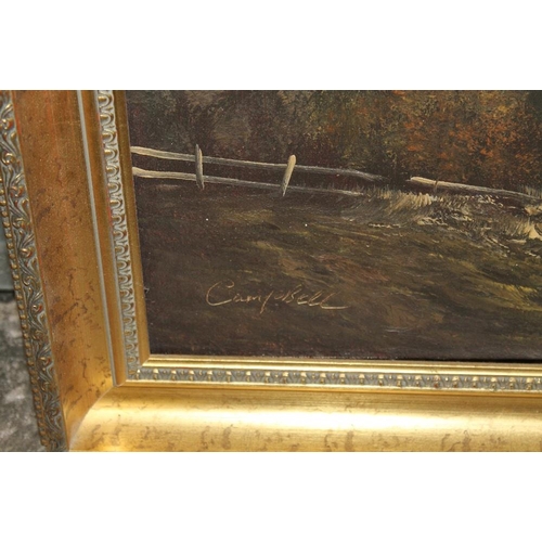 36 - A LARGE GILT FRAMED OIL ON BOARD OF A MOUNTAINOUS RIVER SCENE - SIGNED LOWER RIGHT CAMPBELL