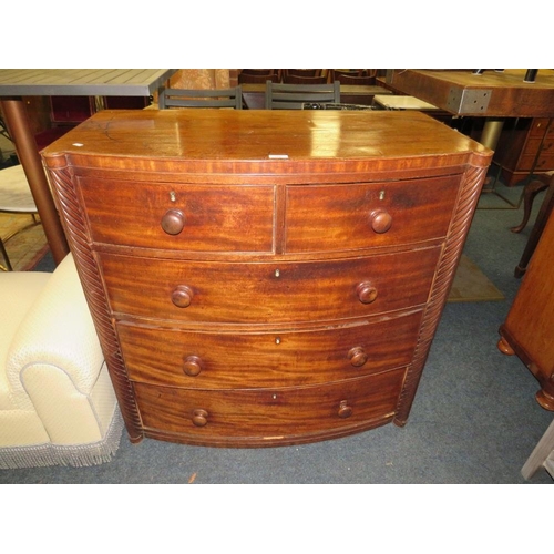 612 - A VICTORIAN MAHOGANY BOW FRONT CHEST OF FIVE DRAWERS - NO FEET AND IN TWO PARTS W-101 CM A/F