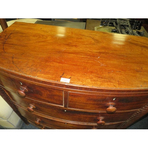 612 - A VICTORIAN MAHOGANY BOW FRONT CHEST OF FIVE DRAWERS - NO FEET AND IN TWO PARTS W-101 CM A/F