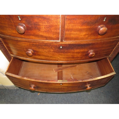 612 - A VICTORIAN MAHOGANY BOW FRONT CHEST OF FIVE DRAWERS - NO FEET AND IN TWO PARTS W-101 CM A/F