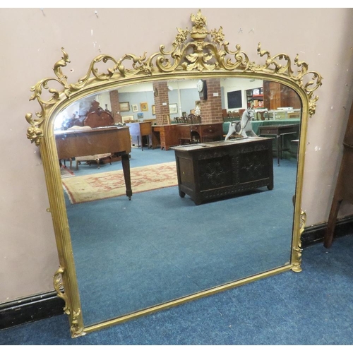 630 - A LARGE 19TH CENTURY GILT OVERMANTLE MIRROR, with carved fretwork detail, H 153 cm, W 155 cm