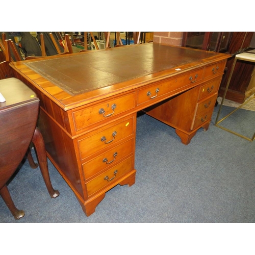 658 - A 20TH CENTURY YEW LEATHER TOPPED TWIN PEDESTAL DESK H-77 W-152 D-90 CM