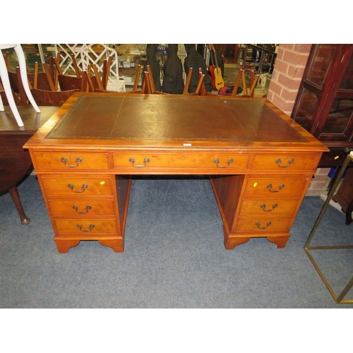 658 - A 20TH CENTURY YEW LEATHER TOPPED TWIN PEDESTAL DESK H-77 W-152 D-90 CM