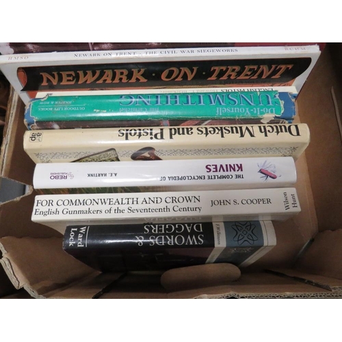 74 - A TRAY OF ASSORTED VINTAGE REFERENCE BOOKS ON ARMS, ARMOUR, WEAPONRY AND GUN SMITHING ETC.