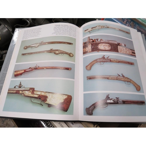 74 - A TRAY OF ASSORTED VINTAGE REFERENCE BOOKS ON ARMS, ARMOUR, WEAPONRY AND GUN SMITHING ETC.