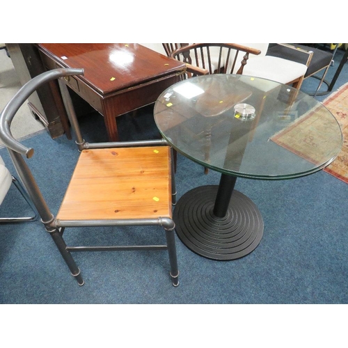 742 - A MODERN GLASS TOP TABLE WITH AN INDUSTRIAL STYLE CHAIR