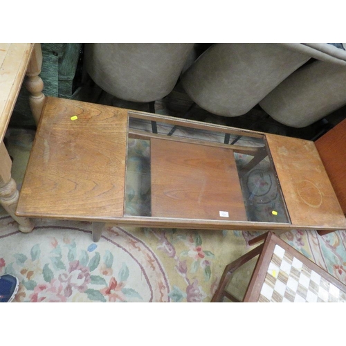 754 - A RETRO TEAK GLASS TOPPED COFFEE TABLE - W 137 CM., TOGETHER WITH A GAMES TABLE (2)