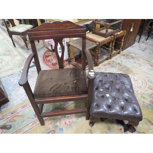 756 - A VINTAGE ARMCHAIR & A LEATHER FOOTSTOOL (2)