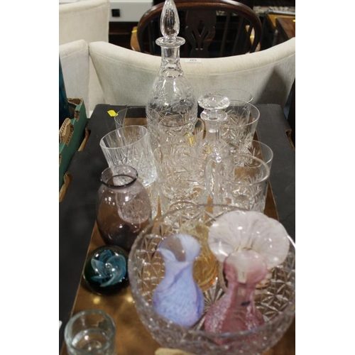 90 - TWO TRAYS OF ASSORTED GLASSWARE TO INCLUDE VARIOUS CUT GLASS ITEMS, DECANTERS, CAITHNESS EXAMPLES ET... 