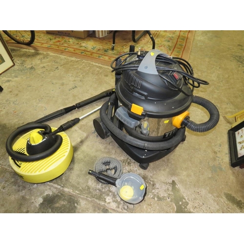 528 - A TITAN TTB430 CYLINDER VACUUM CLEANER TOGETHER WITH A KARCHER LANCE AND FLOOR CLEANER