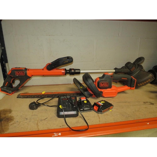 529 - A BLACK & DECKER 18V CORDLESS STRIMMER TOGETHER WITH A CORDLESS HEDGE TRIMMER CHARGER AND BATTERY