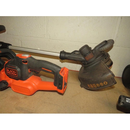 529 - A BLACK & DECKER 18V CORDLESS STRIMMER TOGETHER WITH A CORDLESS HEDGE TRIMMER CHARGER AND BATTERY