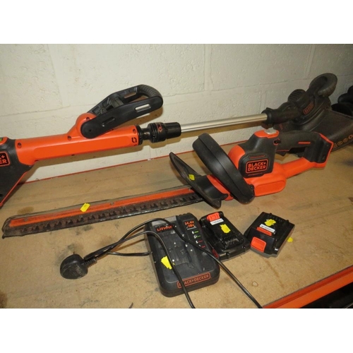 529 - A BLACK & DECKER 18V CORDLESS STRIMMER TOGETHER WITH A CORDLESS HEDGE TRIMMER CHARGER AND BATTERY