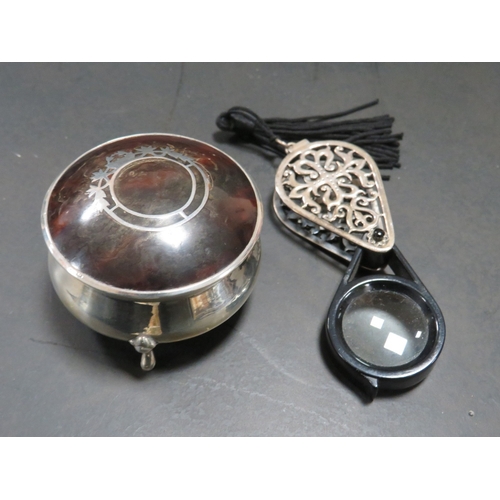 179 - A HALLMARKED SILVER AND TORTOISESHELL LIDDED BOX A/F, TOGETHER WITH A WHITE METAL CASED EYE GLASS HA... 