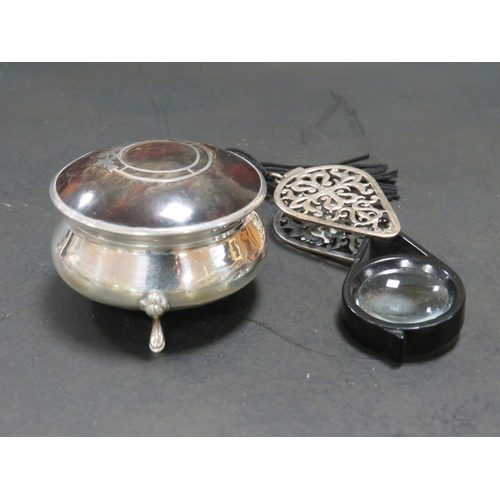 179 - A HALLMARKED SILVER AND TORTOISESHELL LIDDED BOX A/F, TOGETHER WITH A WHITE METAL CASED EYE GLASS HA... 