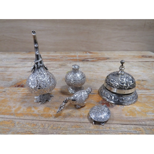 180 - A COLLECTION OF WHITE METAL NOVELTY / COLLECTORS ITEMS, TO INCLUDE A WHITE METAL DESK BELL, ANGLO-IN... 