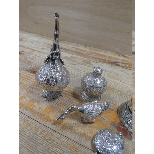 180 - A COLLECTION OF WHITE METAL NOVELTY / COLLECTORS ITEMS, TO INCLUDE A WHITE METAL DESK BELL, ANGLO-IN... 