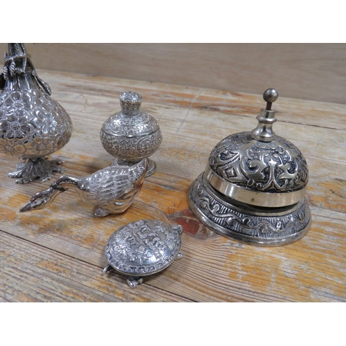 180 - A COLLECTION OF WHITE METAL NOVELTY / COLLECTORS ITEMS, TO INCLUDE A WHITE METAL DESK BELL, ANGLO-IN... 