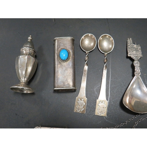 183 - A COLLECTION OF ASSORTED SILVER COLLECTABLE ITEMS TO INCLUDE TWO HALLMARKED SILVER DECANTER LABELS, ... 