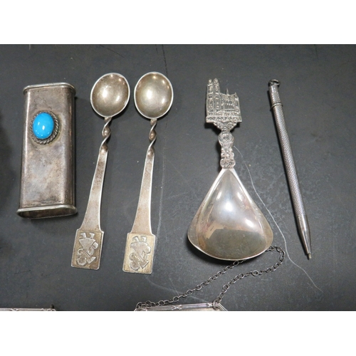 183 - A COLLECTION OF ASSORTED SILVER COLLECTABLE ITEMS TO INCLUDE TWO HALLMARKED SILVER DECANTER LABELS, ... 