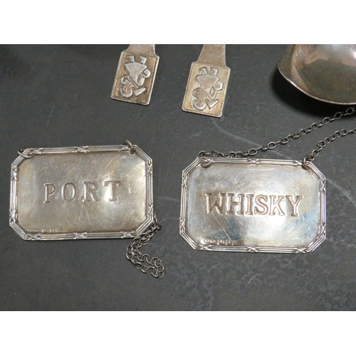 183 - A COLLECTION OF ASSORTED SILVER COLLECTABLE ITEMS TO INCLUDE TWO HALLMARKED SILVER DECANTER LABELS, ... 