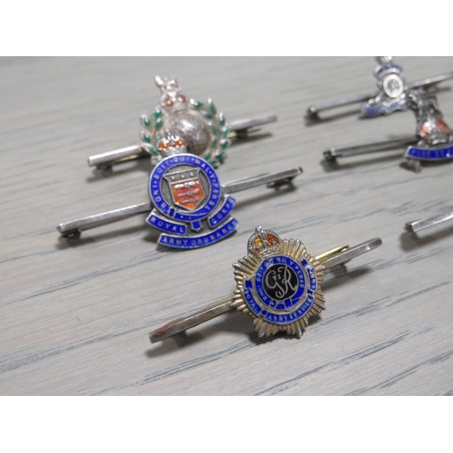 205 - SIX MILITARY SILVER AND ENAMEL BAR BROOCHES